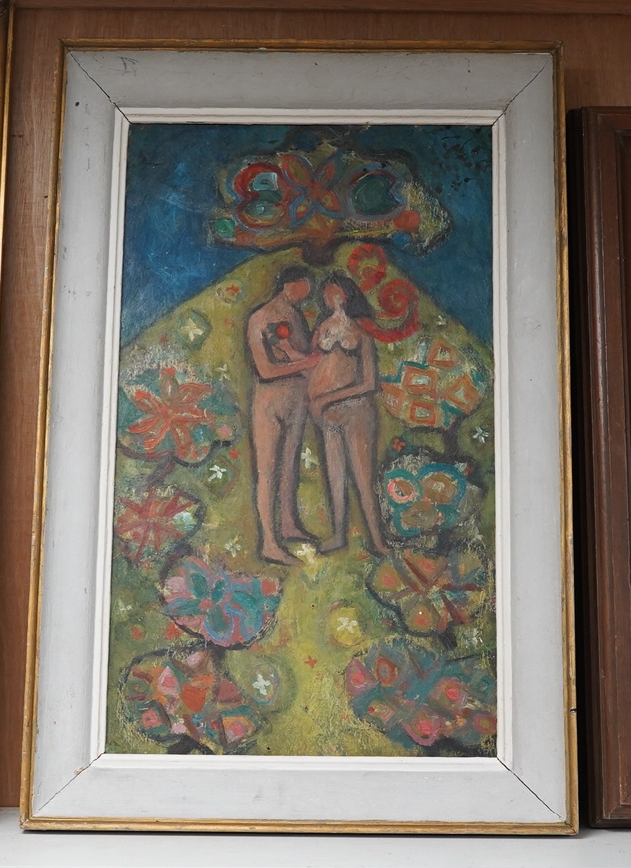 Mid 20th century, oil on board, Abstract composition, study of Adam and Eve, unsigned, 54 x 31cm. Condition - good